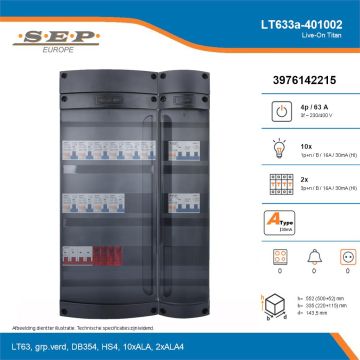 SEP Live-On Titan, LT633a-401002, 63A, 3-fase groepenkast, 10-lichtgroepen, 2-krachtgroepen, technische details