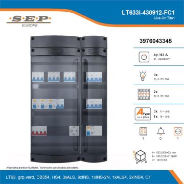 SEP Live-On Titan, LT633i-430912-FC1, 63A, 3-fase groepenkast, 9-lichtgroepen, 2-krachtgroepen, 1-fornuisgroep,  1V-contactdoos, technische details