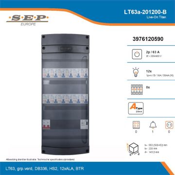 SEP Live-On Titan, LT63a-201200-B, 63A, 3-fase groepenkast, 12-lichtgroepen, 1-beltrafo, technische details
