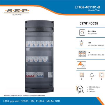 SEP Live-On Titan, LT63a-401101-B, 63A, 3-fase groepenkast, 11-lichtgroepen, 1-krachtgroepen, 1-beltrafo, technische details