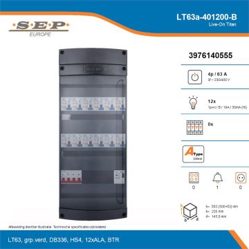 SEP Live-On Titan, LT63a-401200-B, 63A, 3-fase groepenkast, 12-lichtgroepen, 1-beltrafo, technische details