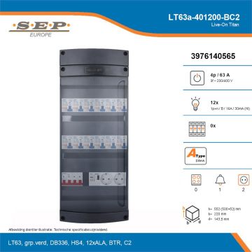 SEP Live-On Titan, LT63a-401200-BC2, 63A, 3-fase groepenkast, 12-lichtgroepen, 1-beltrafo,  2V-contactdoos, technische details