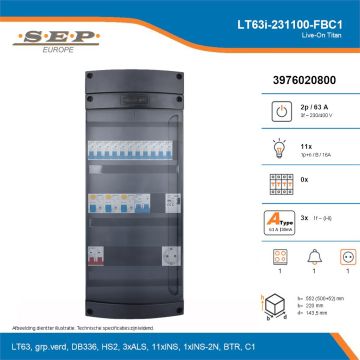 SEP Live-On Titan, LT63i-231100-FBC1, 63A, 3-fase groepenkast, 11-lichtgroepen, 1-fornuisgroep, 1-beltrafo,  1V-contactdoos, technische details