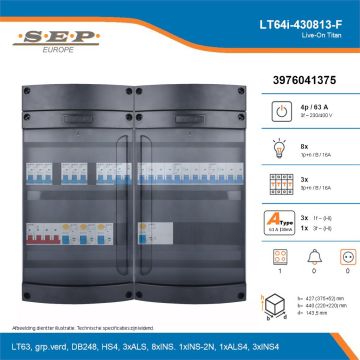 SEP Live-On Titan, LT64i-430813-F, 63A, 3-fase groepenkast, 8-lichtgroepen, 3-krachtgroepen, 1-fornuisgroep, technische details