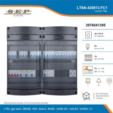 SEP Live-On Titan, LT64i-430813-FC1, 63A, 3-fase groepenkast, 8-lichtgroepen, 3-krachtgroepen, 1-fornuisgroep,  1V-contactdoos, technische details