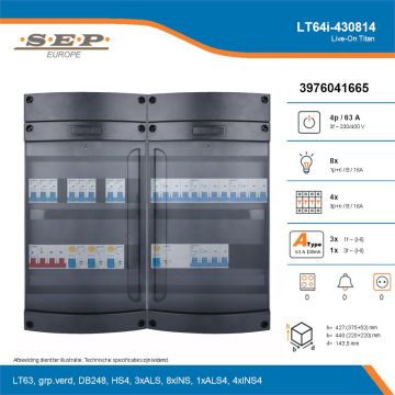 SEP Live-On Titan, LT64i-430814, 63A, 3-fase groepenkast, 8-lichtgroepen, 4-krachtgroepen, technische details