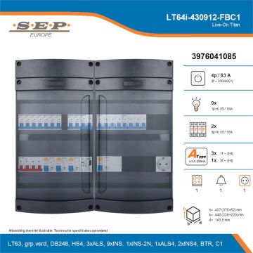 SEP Live-On Titan, LT64i-430912-FBC1, 63A, 3-fase groepenkast, 9-lichtgroepen, 2-krachtgroepen, 1-fornuisgroep, 1-beltrafo,  1V-contactdoos, technische details