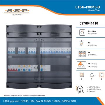 SEP Live-On Titan, LT64i-430913-B, 63A, 3-fase groepenkast, 9-lichtgroepen, 3-krachtgroepen, 1-beltrafo, technische details