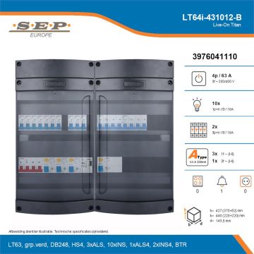 SEP Live-On Titan, LT64i-431012-B, 63A, 3-fase groepenkast, 10-lichtgroepen, 2-krachtgroepen, 1-beltrafo, technische details