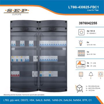 SEP Live-On Titan, LT66i-430625-FBC1, 63A, 3-fase groepenkast, 6-lichtgroepen, 5-krachtgroepen, 1-fornuisgroep, 1-beltrafo,  1V-contactdoos, technische details