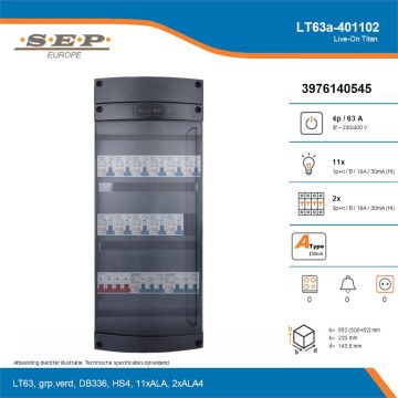 SEP Live-On Titan, LT63a-401102, 63A, 3-fase groepenkast, 11-lichtgroepen, 2-krachtgroepen, technische details