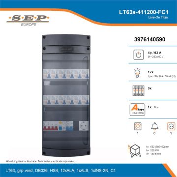 SEP Live-On Titan, LT63a-411200-FC1, 63A, 3-fase groepenkast, 12-lichtgroepen, 1-fornuisgroep,  1V-contactdoos, technische details