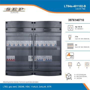 SEP Live-On Titan, LT64a-401102-B, 63A, 3-fase groepenkast, 11-lichtgroepen, 2-krachtgroepen, 1-beltrafo, technische details