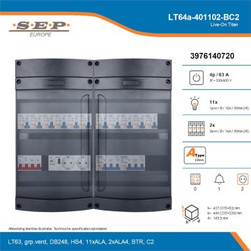 SEP Live-On Titan, LT64a-401102-BC2, 63A, 3-fase groepenkast, 11-lichtgroepen, 2-krachtgroepen, 1-beltrafo,  2V-contactdoos, technische details