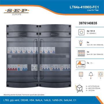 SEP Live-On Titan, LT64a-410903-FC1, 63A, 3-fase groepenkast, 9-lichtgroepen, 3-krachtgroepen, 1-fornuisgroep,  1V-contactdoos, technische details