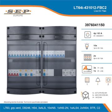 SEP Live-On Titan, LT64i-431012-FBC2, 63A, 3-fase groepenkast, 10-lichtgroepen, 2-krachtgroepen, 1-fornuisgroep, 1-beltrafo,  2V-contactdoos, technische details