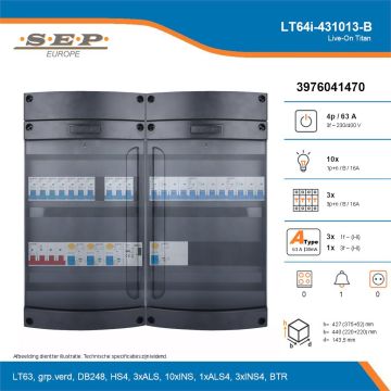 SEP Live-On Titan, LT64i-431013-B, 63A, 3-fase groepenkast, 10-lichtgroepen, 3-krachtgroepen, 1-beltrafo, technische details