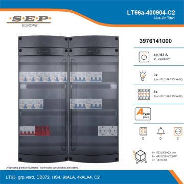 SEP Live-On Titan, LT66a-400904-C2, 63A, 3-fase groepenkast, 9-lichtgroepen, 4-krachtgroepen,  2V-contactdoos, technische details