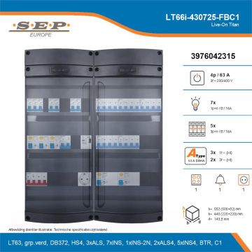 SEP Live-On Titan, LT66i-430725-FBC1, 63A, 3-fase groepenkast, 7-lichtgroepen, 5-krachtgroepen, 1-fornuisgroep, 1-beltrafo,  1V-contactdoos, technische details