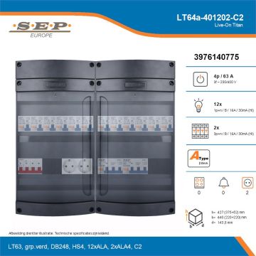 SEP Live-On Titan, LT64a-401202-C2, 63A, 3-fase groepenkast, 12-lichtgroepen, 2-krachtgroepen,  2V-contactdoos, technische details
