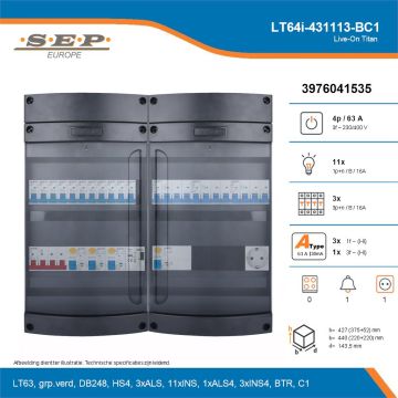 SEP Live-On Titan, LT64i-431113-BC1, 63A, 3-fase groepenkast, 11-lichtgroepen, 3-krachtgroepen, 1-beltrafo,  1V-contactdoos, technische details