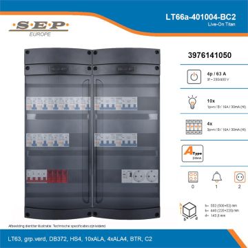 SEP Live-On Titan, LT66a-401004-BC2, 63A, 3-fase groepenkast, 10-lichtgroepen, 4-krachtgroepen, 1-beltrafo,  2V-contactdoos, technische details