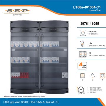 SEP Live-On Titan, LT66a-401004-C1, 63A, 3-fase groepenkast, 10-lichtgroepen, 4-krachtgroepen,  1V-contactdoos, technische details