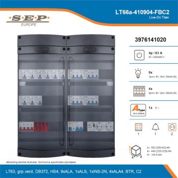 SEP Live-On Titan, LT66a-410904-FBC2, 63A, 3-fase groepenkast, 9-lichtgroepen, 4-krachtgroepen, 1-fornuisgroep, 1-beltrafo,  2V-contactdoos, technische details