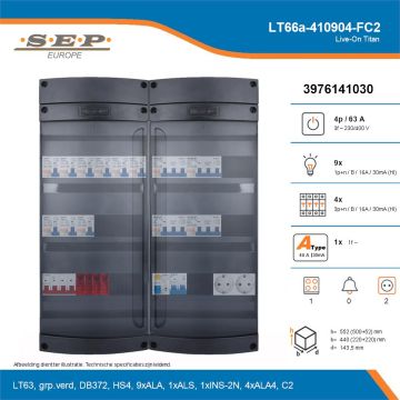 SEP Live-On Titan, LT66a-410904-FC2, 63A, 3-fase groepenkast, 9-lichtgroepen, 4-krachtgroepen, 1-fornuisgroep,  2V-contactdoos, technische details