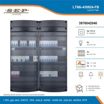 SEP Live-On Titan, LT66i-430924-FB, 63A, 3-fase groepenkast, 9-lichtgroepen, 4-krachtgroepen, 1-fornuisgroep, 1-beltrafo, technische details