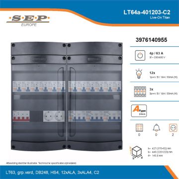 SEP Live-On Titan, LT64a-401203-C2, 63A, 3-fase groepenkast, 12-lichtgroepen, 3-krachtgroepen,  2V-contactdoos, technische details