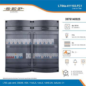 SEP Live-On Titan, LT64a-411103-FC1, 63A, 3-fase groepenkast, 11-lichtgroepen, 3-krachtgroepen, 1-fornuisgroep,  1V-contactdoos, technische details