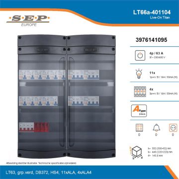 SEP Live-On Titan, LT66a-401104, 63A, 3-fase groepenkast, 11-lichtgroepen, 4-krachtgroepen, technische details