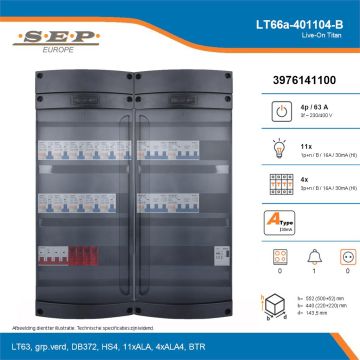 SEP Live-On Titan, LT66a-401104-B, 63A, 3-fase groepenkast, 11-lichtgroepen, 4-krachtgroepen, 1-beltrafo, technische details