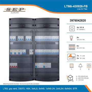 SEP Live-On Titan, LT66i-430926-FB, 63A, 3-fase groepenkast, 9-lichtgroepen, 6-krachtgroepen, 1-fornuisgroep, 1-beltrafo, technische details