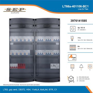 SEP Live-On Titan, LT66a-401106-BC1, 63A, 3-fase groepenkast, 11-lichtgroepen, 6-krachtgroepen, 1-beltrafo,  1V-contactdoos, technische details