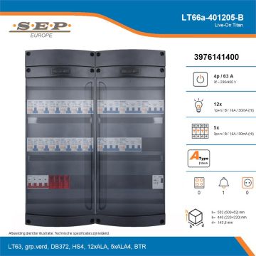 SEP Live-On Titan, LT66a-401205-B, 63A, 3-fase groepenkast, 12-lichtgroepen, 5-krachtgroepen, 1-beltrafo, technische details