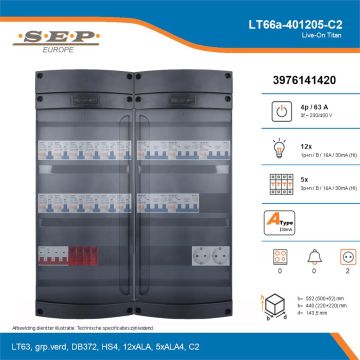 SEP Live-On Titan, LT66a-401205-C2, 63A, 3-fase groepenkast, 12-lichtgroepen, 5-krachtgroepen,  2V-contactdoos, technische details