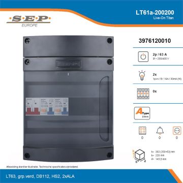 SEP Live-On Titan, LT61a-200200, 63A, 3-fase groepenkast, 2-lichtgroepen, technische details