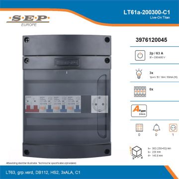 SEP Live-On Titan, LT61a-200300-C1, 63A, 3-fase groepenkast, 3-lichtgroepen,  1V-contactdoos, technische details