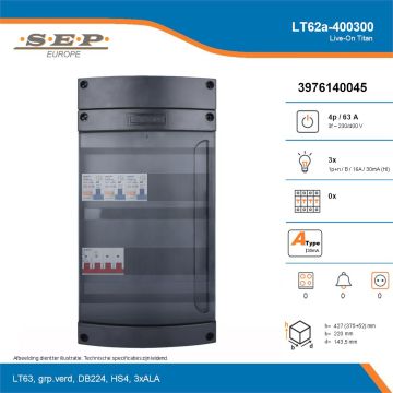 SEP Live-On Titan, LT62a-400300, 63A, 3-fase groepenkast, 3-lichtgroepen, technische details