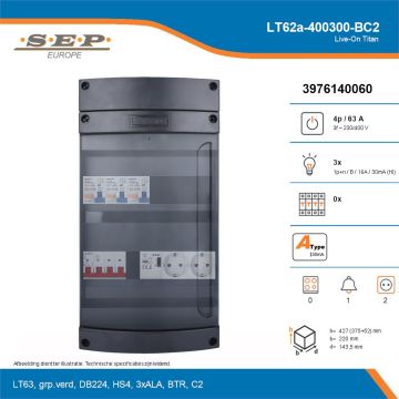 SEP Live-On Titan, LT62a-400300-BC2, 63A, 3-fase groepenkast, 3-lichtgroepen, 1-beltrafo,  2V-contactdoos, technische details