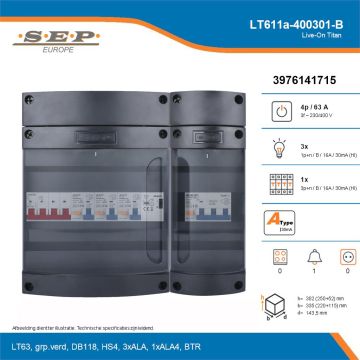 SEP Live-On Titan, LT611a-400301-B, 63A, 3-fase groepenkast, 3-lichtgroepen, 1-krachtgroepen, 1-beltrafo, technische details