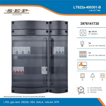 SEP Live-On Titan, LT622a-400301-B, 63A, 3-fase groepenkast, 3-lichtgroepen, 1-krachtgroepen, 1-beltrafo, technische details