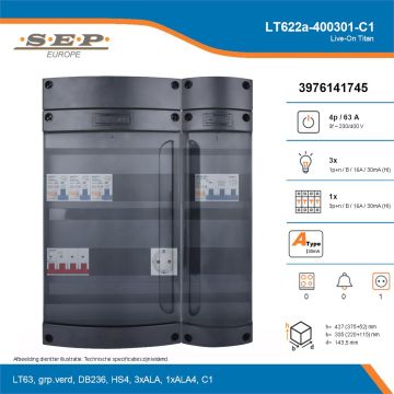 SEP Live-On Titan, LT622a-400301-C1, 63A, 3-fase groepenkast, 3-lichtgroepen, 1-krachtgroepen,  1V-contactdoos, technische details