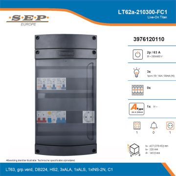SEP Live-On Titan, LT62a-210300-FC1, 63A, 3-fase groepenkast, 3-lichtgroepen, 1-fornuisgroep,  1V-contactdoos, technische details