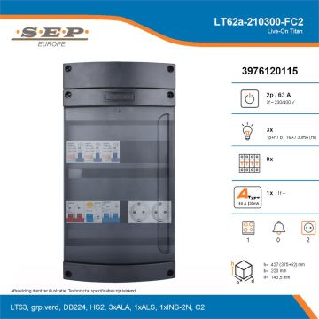 SEP Live-On Titan, LT62a-210300-FC2, 63A, 3-fase groepenkast, 3-lichtgroepen, 1-fornuisgroep,  2V-contactdoos, technische details