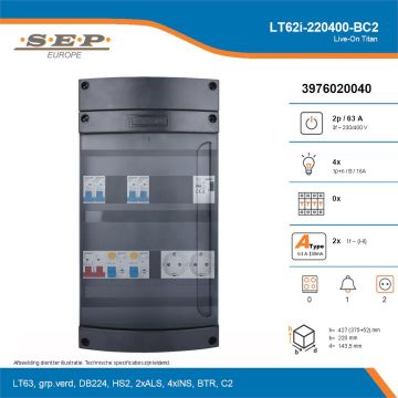 SEP Live-On Titan, LT62i-220400-BC2, 63A, 3-fase groepenkast, 4-lichtgroepen, 1-beltrafo,  2V-contactdoos, technische details