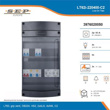 SEP Live-On Titan, LT62i-220400-C2, 63A, 3-fase groepenkast, 4-lichtgroepen,  2V-contactdoos, technische details