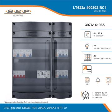 SEP Live-On Titan, LT622a-400302-BC1, 63A, 3-fase groepenkast, 3-lichtgroepen, 2-krachtgroepen, 1-beltrafo,  1V-contactdoos, technische details